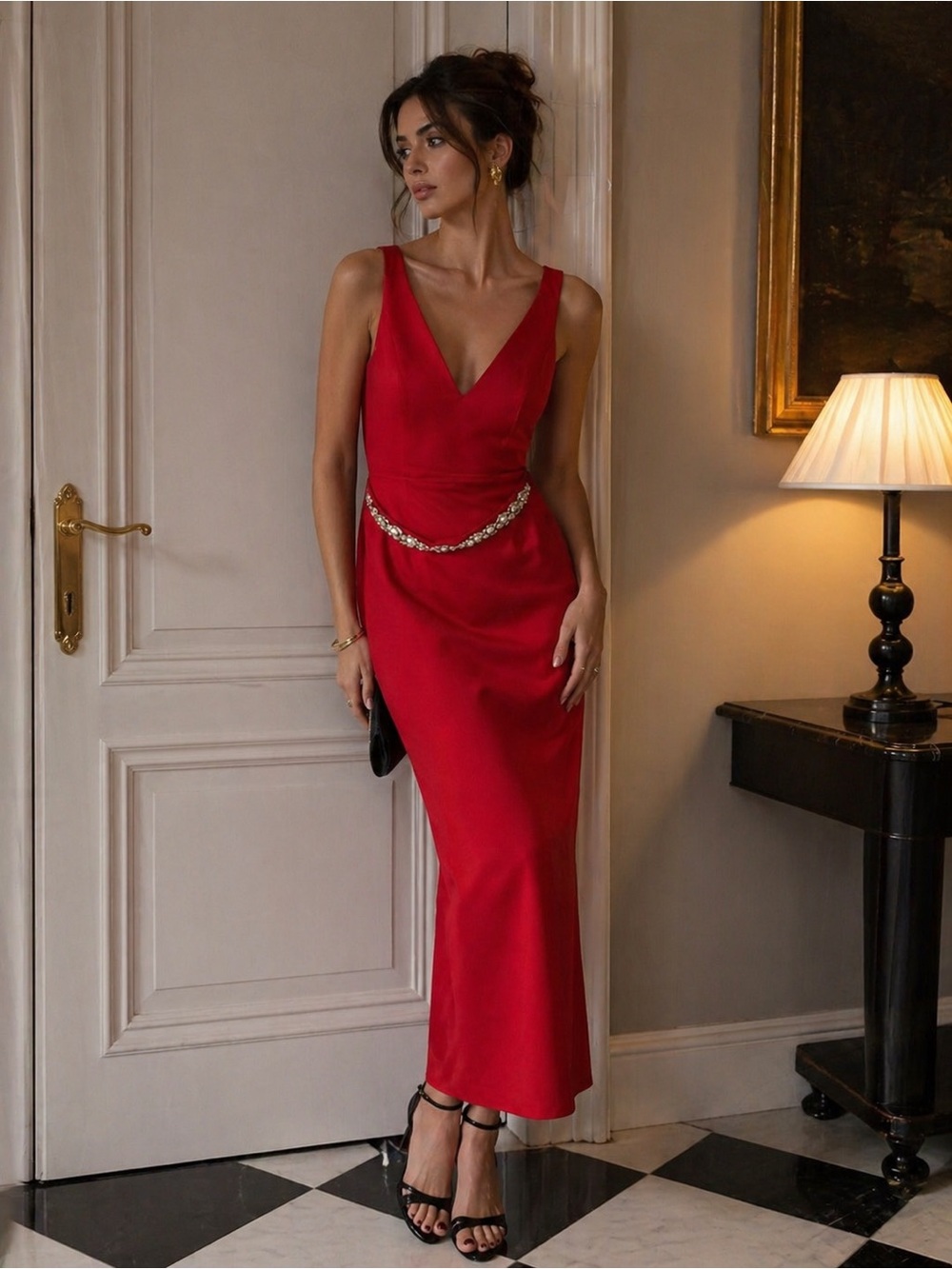 Vera Wang Red V-Neck Midi Dress with Chain Detail